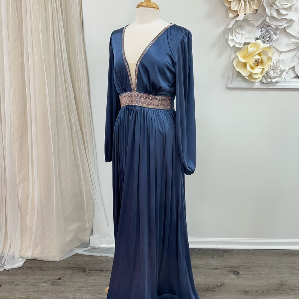 Long Sleeve Crystal Trim A-line Satin Dress for Guest or Mom Sz large